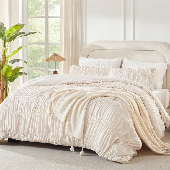 Ruched Beige Queen Comforter Set, Shabby Chic Pleated Bedding Sets 3 Pieces, Lightweight Soft Boho Ruffle Bed Set for Girls, Kids, Women, All Season