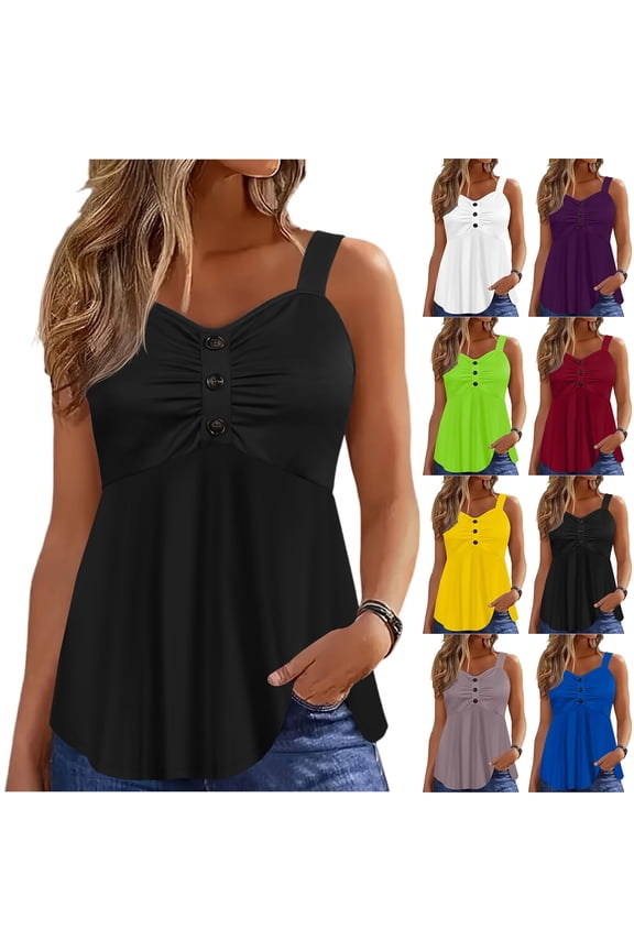 Ruched Bust Camisole Tops for Women Summer Wide Strap Empire Waist Tank Tops Soft Drapey Flowy Hide Belly Vacation Shirts,XL,#02 Black