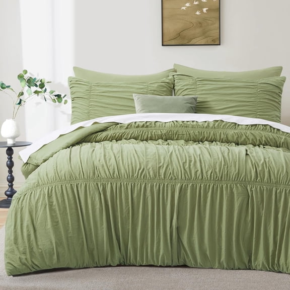 Ruched Comforter Set Size, 5 count Fluffy Comforter with Elastic Design, Boho Comforter Bedding Sets, Shabby Chic Farmhouse Rustic Style Bedroom Decor Seasons - Sage Green