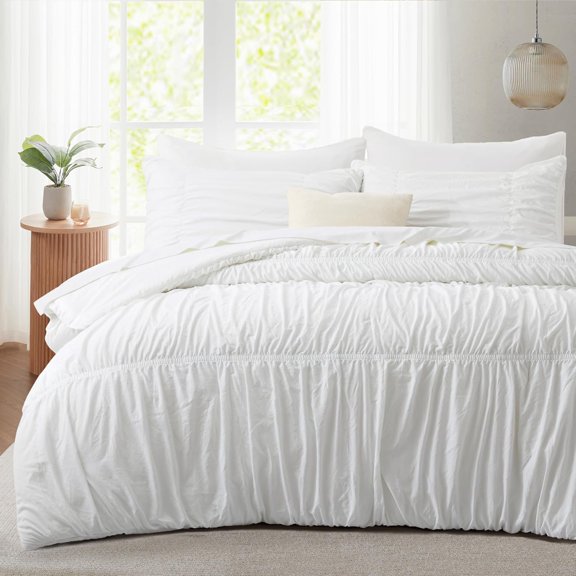 Ruched Comforter Set Size, 5 count Fluffy Comforter with Elastic Design, Boho Comforter Bedding Sets, Shabby Chic Farmhouse Rustic Style Bedroom Decor for Seasons - White