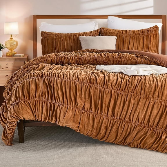 Ruched Comforter Set Size,Boho Shabby Chic Bedding Comforter,Ultra Soft Burnt Orange Bedding Set Full Size, Lightweight Comforter Bed Set 3 count