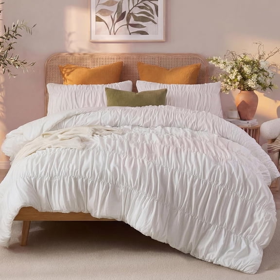 Ruched Comforter Set  Size,White Ruffle Comforter Set, Ruched Bedding Set,Romantic  Ruffle Comforter 3 count, Luxury Textured Pleat Artistic Bedding for  Seasons