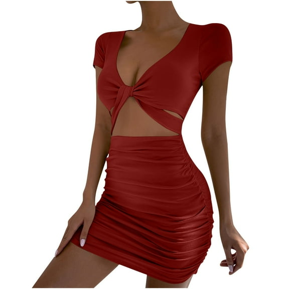 Ruched Cut Out Bodycon Dresses for Women Sexy V-Neck Short Sleeve 2 Piece Club Dress Slim Fit Mini Party Dress
