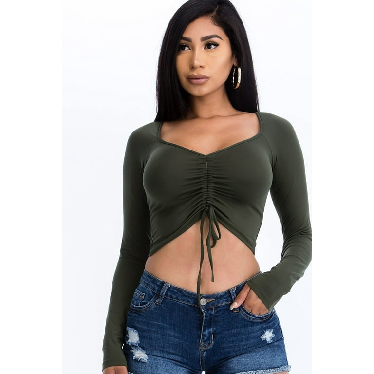 TZ9516 | Rhinestone Drawstring Cinched Mesh Long Sleeve Top