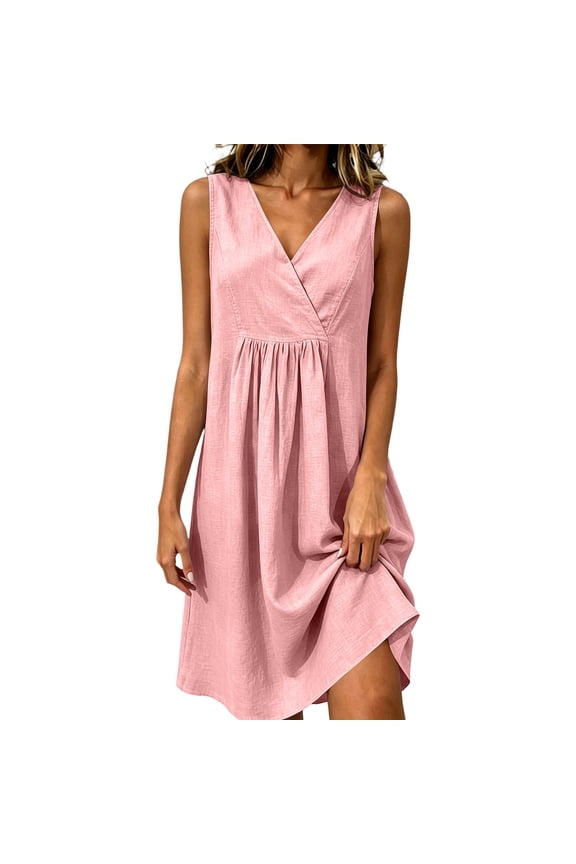 Ruched Dress For Women Sleeveless Round Neck Casual Dress for Weekend Lunch City Walks Travel Days Relaxed Gathering Everyday Vacation Style Summer