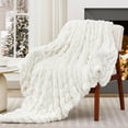 thumbnail image 1 of Ruched Faux Rabbit Fur Blanket, 700 GSM Luxury Dual-Sided Soft Cozy Blanket, Fuzzy Fluffy Plush Throw for Bed, Couch and Sofa - 60"x80", Cream White, 1 of 14