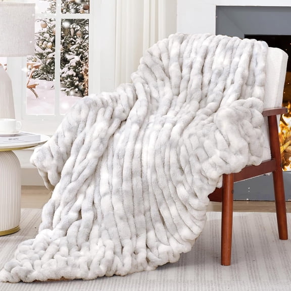 Ruched Faux Rabbit Fur Throw Blanket, 700 GSM Luxury Dual-Sided Soft Cozy Blanket, Fuzzy Fluffy Plush Blanket for Bed, Couch and Sofa - 50"x60", Tie-dye Gray