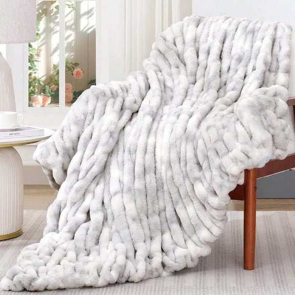 Ruched Faux Rabbit Fur Throw Blanket 700 GSM Luxury DualSided Soft Cozy Blanket Fuzzy Fluffy Plush Blanket For Bed Couch And Sofa 50x60 Tiedye Gray