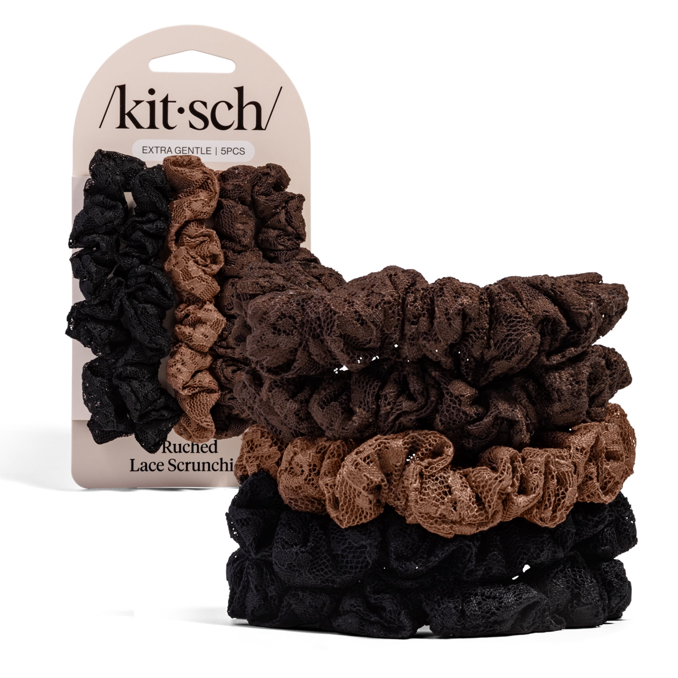 Ruched Lace Scrunchies 5pc Set - Black, Chocolate & Mocha
