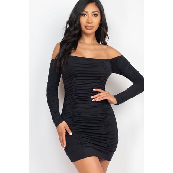Ruched Long Sleeve Off-Shoulder Dress