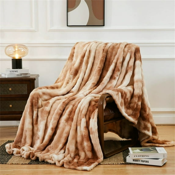 Ruched Luxury Faux Fur Throw Blanket orange Tie-dye Rabbit Fur Blanket for Couch, Living Room, Fuzzy, Soft, Plush, Cozy, Elegant with Reversible Mink Blanket orange, 59"x78"