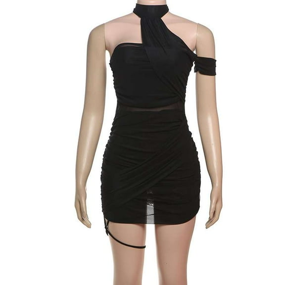 Ruched Mesh Cut-Out Bodycon Dress (S, Black)