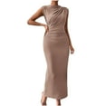 thumbnail image 1 of Ruched Mock Neck Bodycon Dress for Women Elegant Summer Sleeveless Midi Cocktail Party Pencil Dresses, 1 of 7