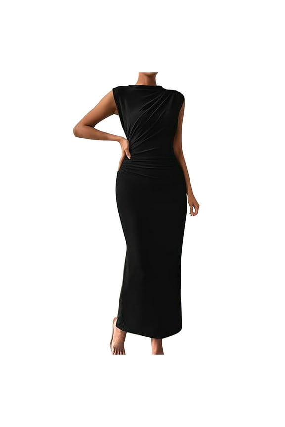 Ruched Mock Neck Bodycon Dress for Women Elegant Summer Sleeveless Midi Cocktail Party Pencil Dresses
