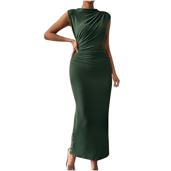 Ruched Mock Neck Bodycon Dress for Women Elegant Summer Sleeveless Midi Cocktail Party Pencil Dresses