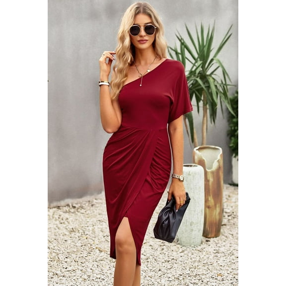 Ruched One-Shoulder Tulip Hem Dress