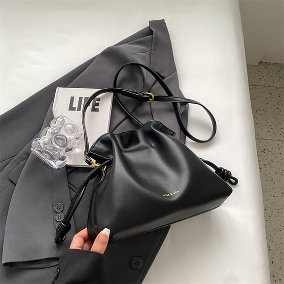 Ruched PU Bucket Bag for Women, Minimalist Lucky Bag Style, Drawstring & Magnetic Snap Double Closure, Large Capacity Soft Shoulder Crossbody Handheld Bag, Street Fashion Daily Carry Bag