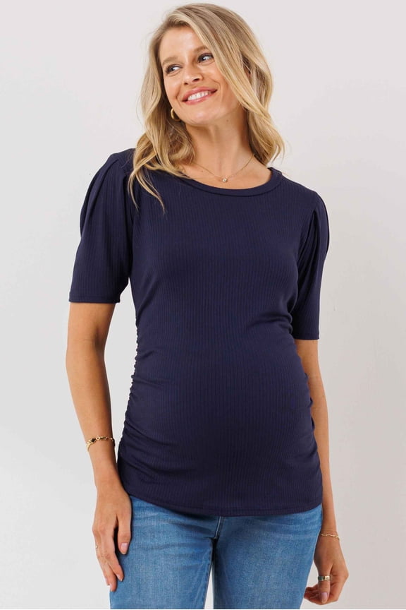 Ruched Ribbed Puff Sleeve Maternity Top
