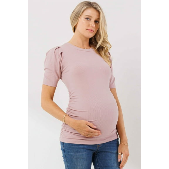 Ruched Ribbed Puff Sleeve Maternity Top