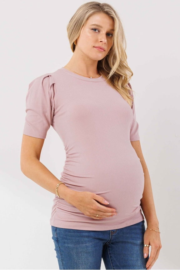 Ruched Ribbed Puff Sleeve Maternity Top