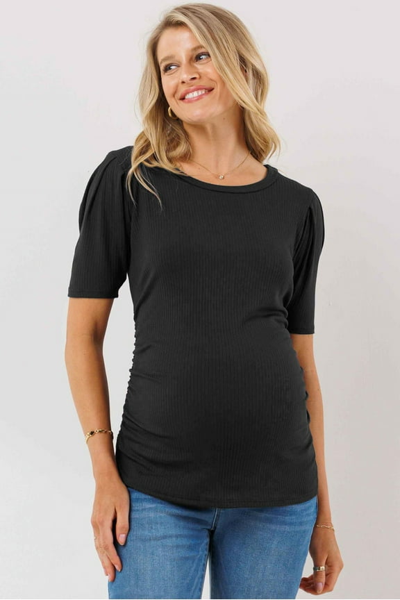 Ruched Ribbed Puff Sleeve Maternity Top