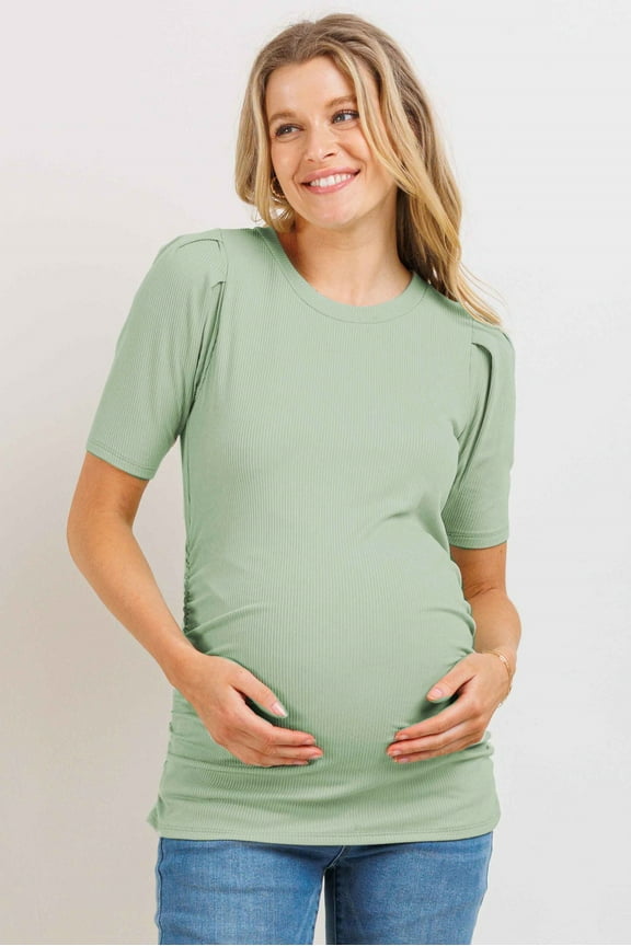 Ruched Ribbed Puff Sleeve Maternity Top
