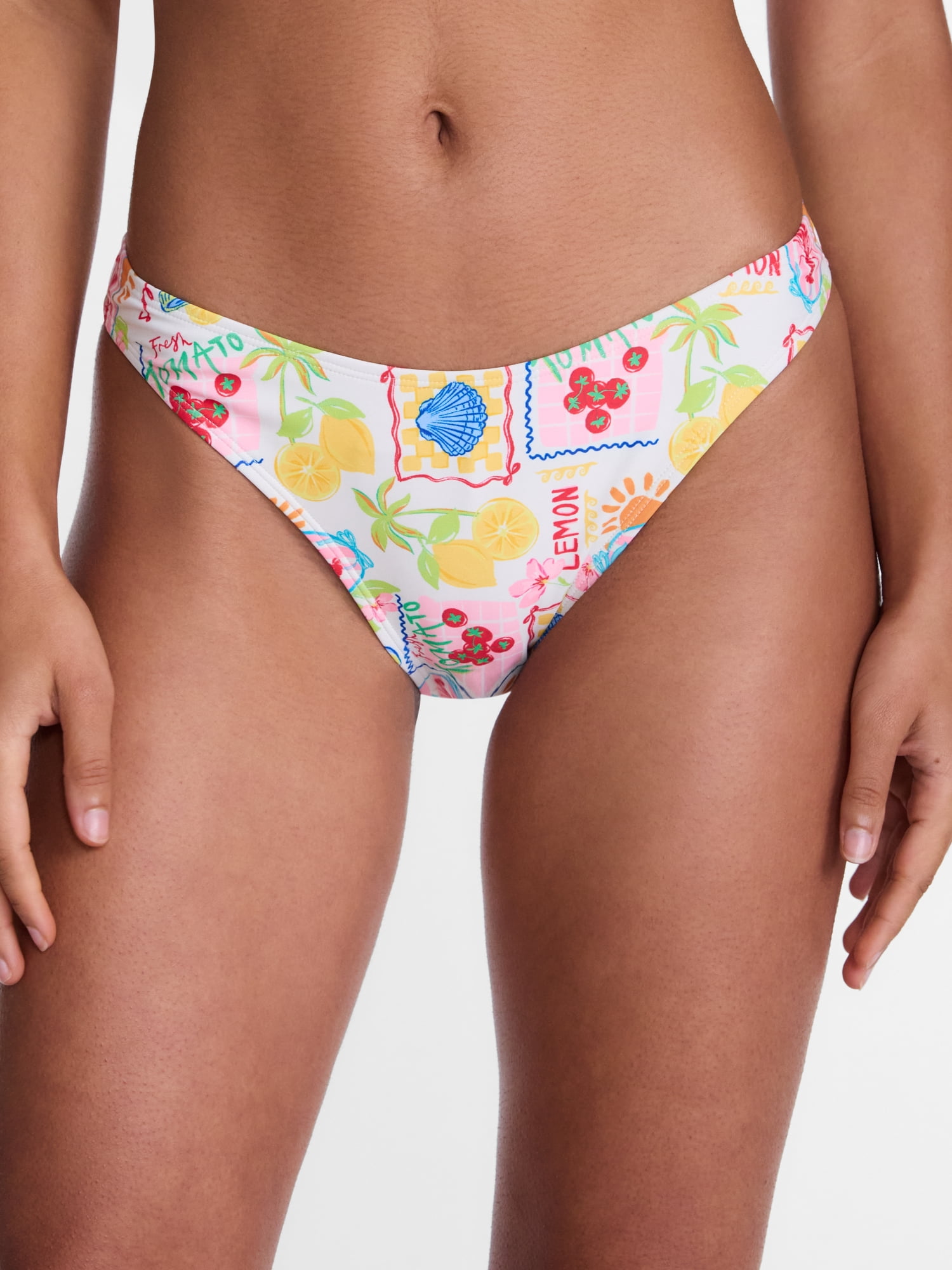 No Boundaries Multi Fruit Print High Leg Bikini Swim Bottoms, Women's XXS-XXL