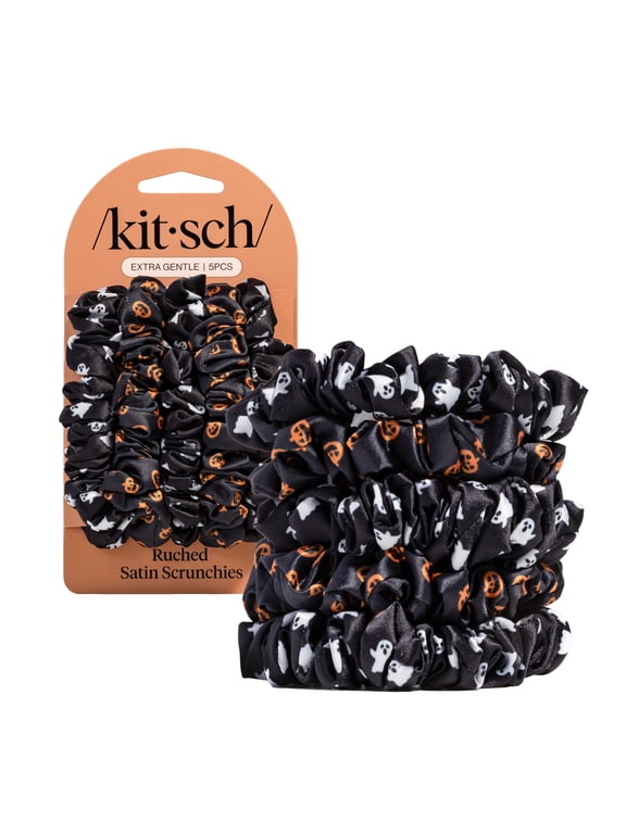 Ruched Satin Scrunchies 5 Piece Set, Ghosts & Pumpkins Halloween Edition