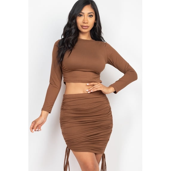 Ruched Side Crop Top & Drawstring Skirt Set Downtown Brown' M
