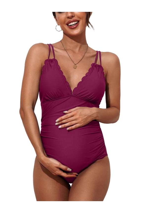 Ruched Side One Piece Swimsuit for Maternity V Neck Pregnancy Swimwear Modest Bath Suit
