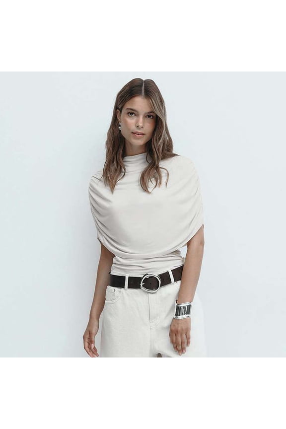 Ruched Sleeve Cape Top (L, White)