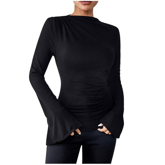Ruched Tight Tops for Women Trendy Trumpet Sleeves Y2k Going Out Party Club Shirt Slimming Stylish Blouses 2025 Fall