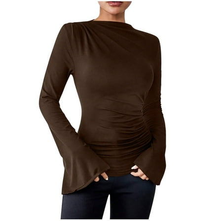 Ruched Tight Tops for Women Trendy Trumpet Sleeves Y2k Going Out Party Club Shirt Slimming Stylish Blouses 2025 Fall