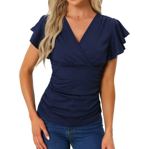 Ruched Top for Women's Casual V Neck Cinched Waist Ruffle Sleeve Surplice Wrap Blouse Dark Blue L