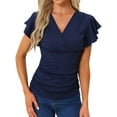 thumbnail image 1 of Ruched Top for Women's Casual V Neck Cinched Waist Ruffle Sleeve Surplice Wrap Blouse Dark Blue M, 1 of 6