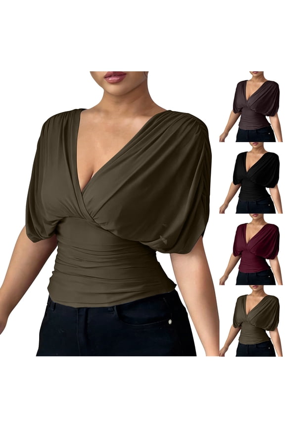 Ruched Tops Women Dressy Casual Tie Smocked Back Plunge V Neck Shirt Fitted Batwing Short Sleeve Going Out Blouse (XL, Green)