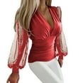 thumbnail image 1 of Ruched Tops for Women! Comdrip Women's Deep V Neck Wrap Blouse Long Sleeve Ruched Elastic Waist Casual Tops Elegant Spring Fall Shirt Wrap Top Red S, 1 of 4
