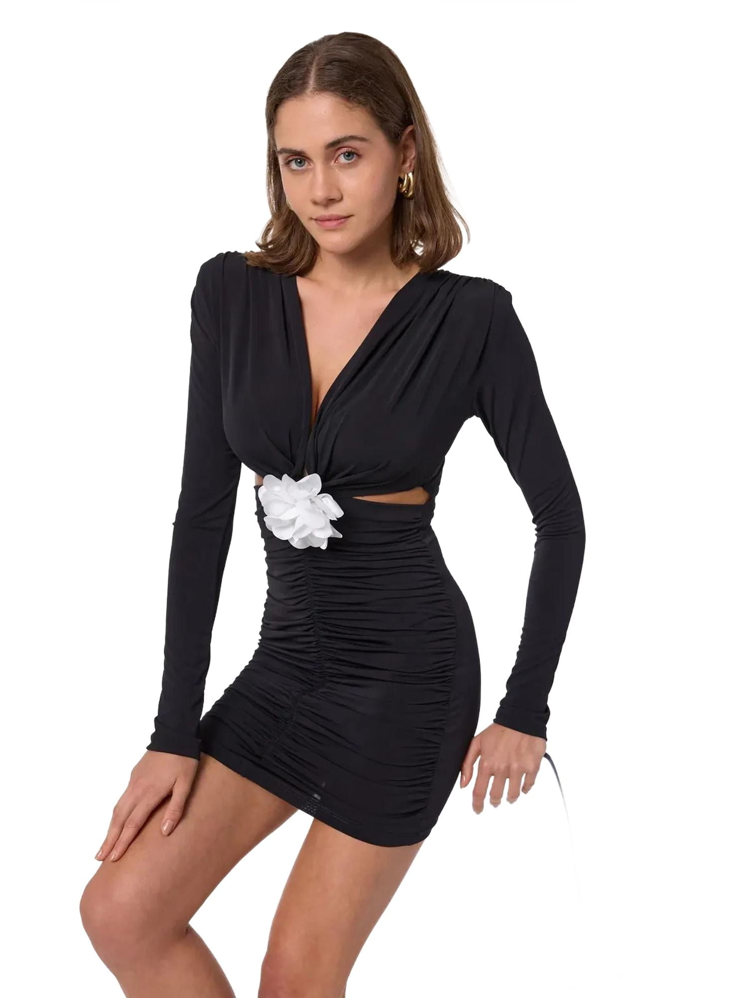 v neckline cut out ruched mini dress in beige YVETTE LACE LONG SLEEVE RUCHED MINI DRESS main image 0