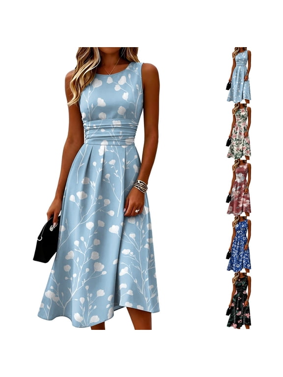 Ruched Waist Sleeveless Midi Dress for Women - Elegant Round Neck A-Line Sundress with Fresh Botanical Floral Print, Flowy Summer Beach Party Vacation Gown Navy L