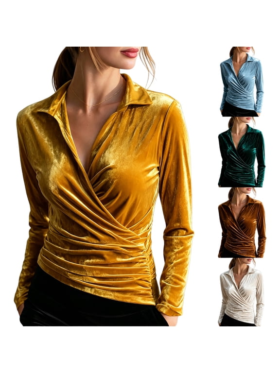 Ruched Waist Tops for Women Velvet Long Sleeve Wrap Front Deep V Neck Fitted Draped Blouse Collared Casual Dressy Pullover Womens Going Out Top