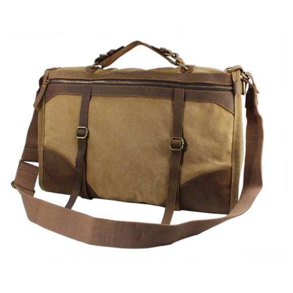 "Rucos" Retro Canvas Carryall Tote Bag with Leather Straps - Khaki Tan