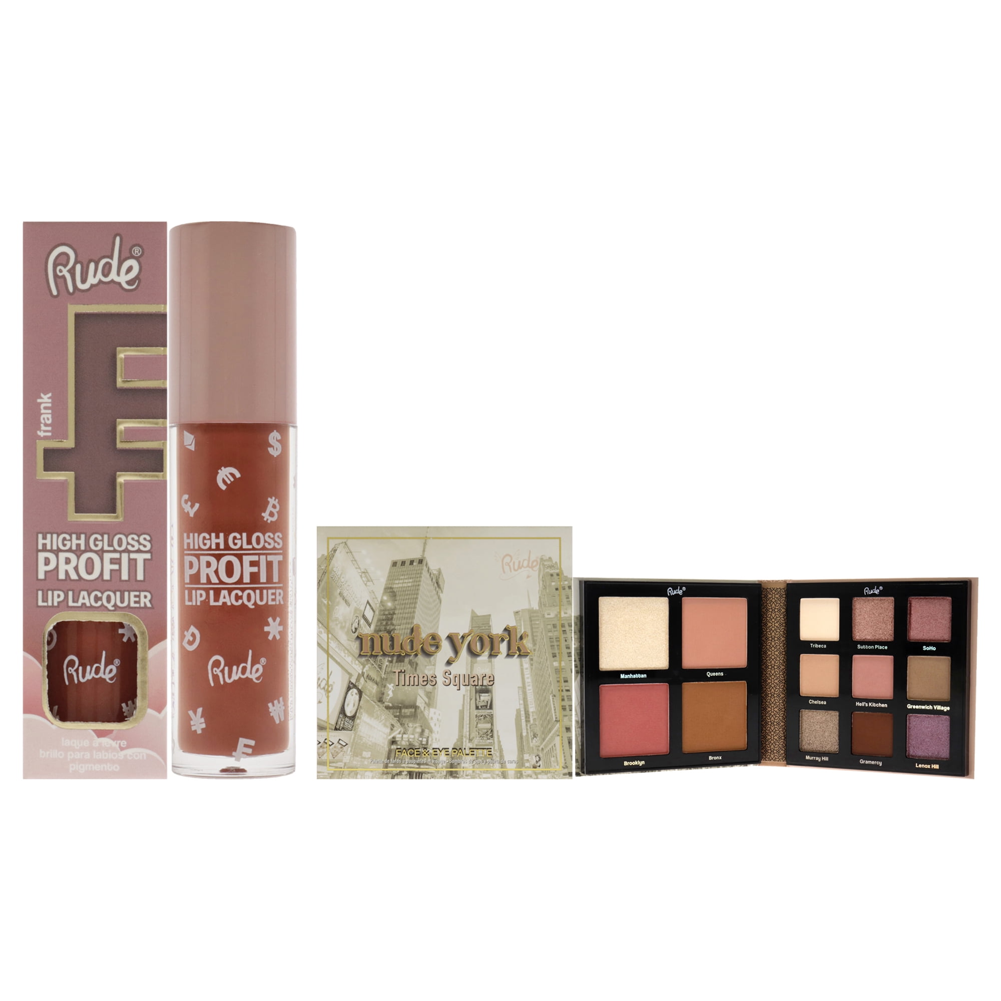 Rude Cosmetics Nude York Face and Eye Palette and High Gloss Profit Lip Lacquer Kit , 2 Pc Kit 0.46oz Eye Palette, 0.141oz Lip Gloss - Frank- Pack of 2
