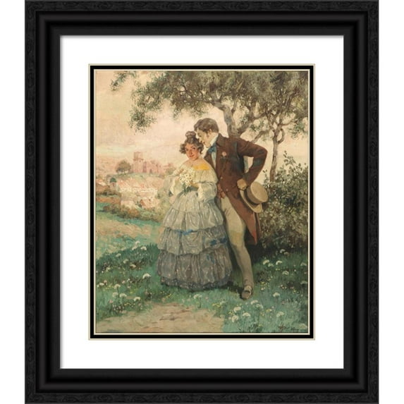 Rudolf Alfred Höger 20x24 Black Ornate Framed Double Matted Museum Art Print Titled: Love Couple Under the Tree. in the Background the Town of Durnstein