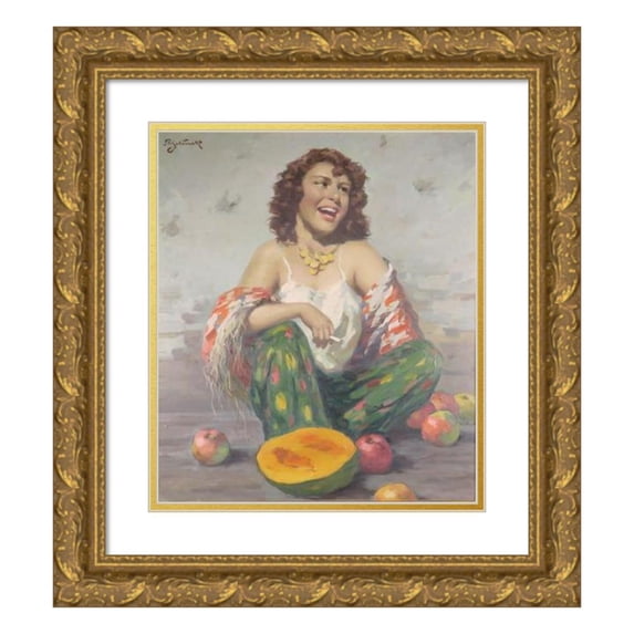 Rudolf Jelinek 12x14 Gold Ornate Wood Frame and Double Matted Museum Art Print Titled - Cigarettes Smoking Gypsies with Fruit