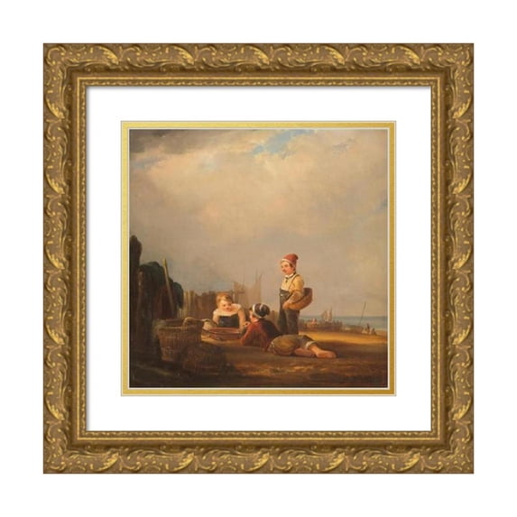 Rudolf Jordan 12x13 Gold Ornate Wood Frame and Double Matted Museum Art Print Titled - Young Fisher Playing with the Catch (1845)