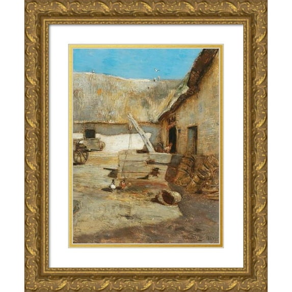 Rudolf Ribarz 19x24 Gold Ornate Framed and Double Matted Museum Art Print Titled - Chickens in a Farmhouse Courtyard