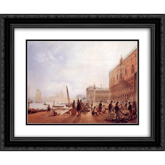 Rudolf von Alt 2x Matted 24x20 Black Ornate Framed Art Print 'Figures on the Riva degli Schiavone'