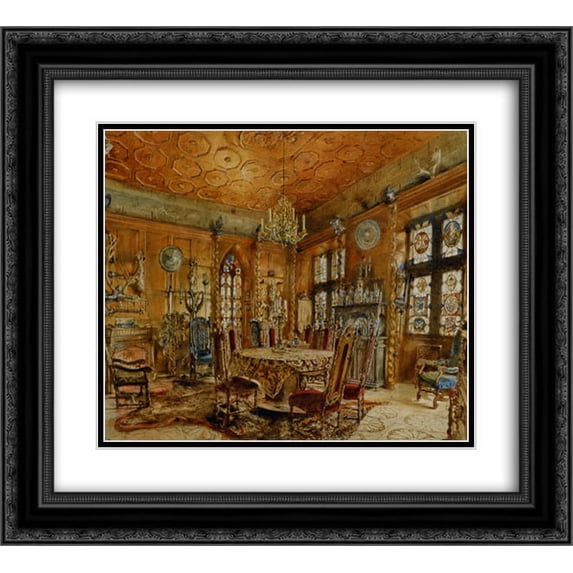 Rudolf von Alt 2x Matted 24x20 Black Ornate Framed Art Print 'Interieur of castleIn Renaissance Style'