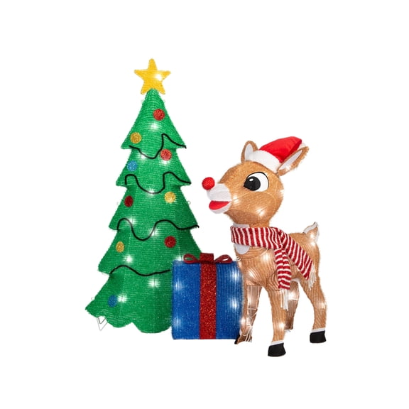 Gemmy Rudolph the Red-Nosed Reindeer Scene with Tree and Presents Tinsel Yard Sculpture, 35-Inch, Pre-Lit LED Christmas Decor