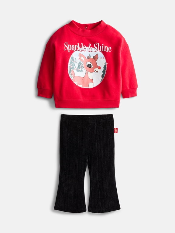 Baby Girl Long Sleeve Graphic Mock Neck Crewneck with Flare Legging, Sizes 0/3M-24M
